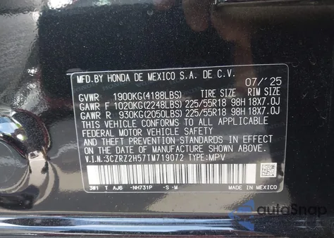 2026 Honda Hr-V Awd Sport z USA, uszkodzony, nr VIN 3CZRZ2H57TM719072